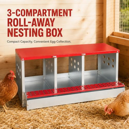 3-Compartment Roll Away Chicken Nesting Box for Hens, 32.6 Inch | Metal build, Egg collection tray, Perch, Protective lid, Wall mount, Freestanding setup, Ducks, Backyard coop, Barn supply - size: 32.6"L x 16.9"W x 13.9"H