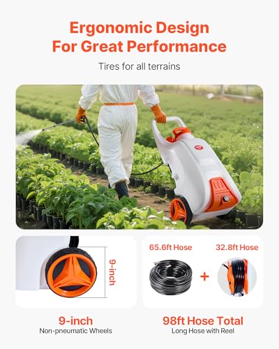 VEVOR 13.1 Gallon Battery Powered Sprayer with Wheels, Adjustable 0-80 PSI, 5 Nozzles and 98ft Hose Included, Orange - size: 13.1 Gal