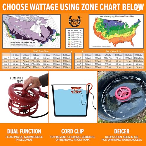 K&H Thermostatically Controlled Stock Tank Deicer – Floating or Submersible Livestock Water Heater with Protective Cage & Cord Clip – Safe for Plastic, Rubber & Metal Tanks - 1000 Watt - size: 1000 Watts