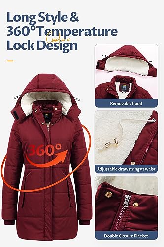 CREATMO US Women's Thicken Sherpa Winter Coat Puffy Warm Snow Jacket With Removable Hood - color: Burgundy, size: Small