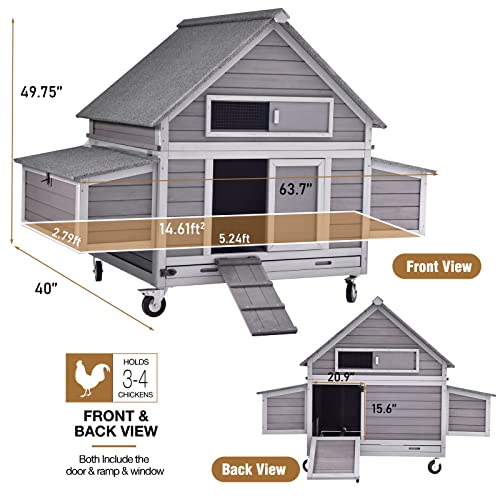 GUTINNEEN Chicken Coop Poultry Cage on Wheels Outdoor Duck Coop Wooden Hen House with Large Nesting Box, Movable