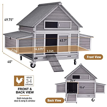 GUTINNEEN Chicken Coop Poultry Cage on Wheels Outdoor Duck Coop Wooden Hen House with Large Nesting Box, Movable
