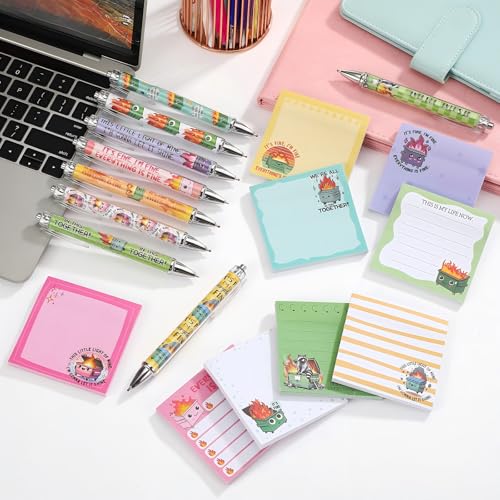 18 Pcs Dumpster Fire Desk Accessories, 9 Pads Cute Sticky Notes, 9 Kawaii Pens, 3 x 3 Inches Notepads Memo Pad for Office Supplies Meeting Students School Decor Teacher Gifts - style: Dumpster Fire