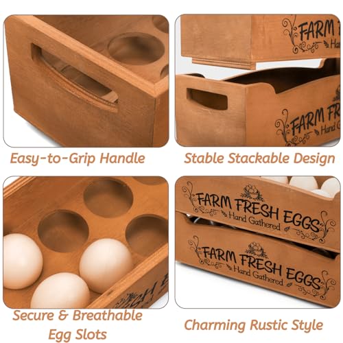 YOUEON Wooden Egg Holder for Countertop, Stackable 2-Tier Egg Crates for 24 Eggs with Handle, Farmhouse Rustic Pinewood Egg Storage Box with “Farm Fresh Eggs” Print, No Assembly Needed