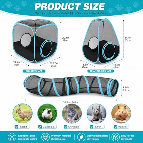 Rabbit Playpen with Tunnel, Breathable & Transparent Rabbit Playpen Pop Open Tent with Tube for Dwarf Rabbits,Ferret, Small Animal Playpens Bunny Tunnels Exercise Play Indoor or Outdoor