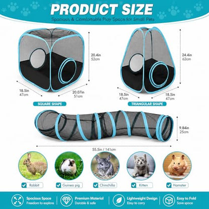 Rabbit Playpen with Tunnel, Breathable & Transparent Rabbit Playpen Pop Open Tent with Tube for Dwarf Rabbits,Ferret, Small Animal Playpens Bunny Tunnels Exercise Play Indoor or Outdoor