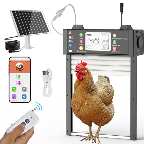 Automatic Chicken Coop Door Solar Powered 5 Modes Chicken Door with WiFi - Tuya APP, Detachable Magnetic LCD Display with USB Port Light Sensor