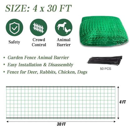 Garden Fence Temporary Fence, 4'x30' with 50 Zip Ties, Plastic Fencing Safety Fence Snow Fence, Construction Fencing for Garden Fencing, Animal Barrier, Poultry, Deer, Patio, Green - size: 4ft x 30ft