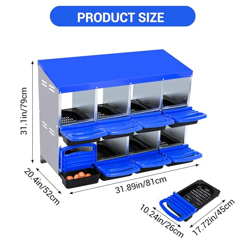 Chicken Nesting Box 8-Hole Roll Away Egg Laying Box with Lid, Galvanized Steel Rustproof Poultry Coop Box, Easy Clean, Wall Mountable No Bracket Needed for Hens, Blue - color: Blue, size: 8 holes
