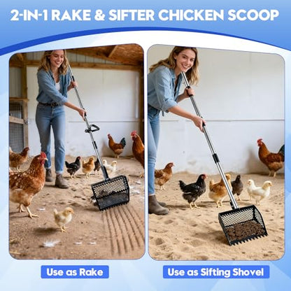 Chicken Poop Scooper & Rake 2-in-1,Chicken Poop Scooper with Stainless Steel Handle (35-61.8" Adjustable),Sifter Shovel Chicken Coop Sand Rake for Chicken Coops & Farm Animals