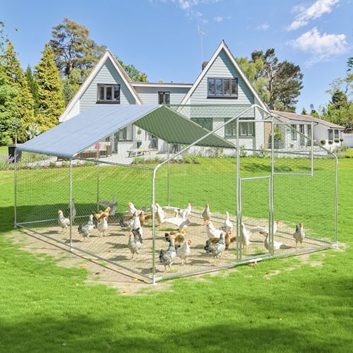 Polar Aurora Metal Chicken Coop, Large Outdoor Chicken Pen, Walk-in Chicken Run for 6-20 Chickens, Double Door Chicken House with Waterproof UV Protection Cover for Backyard (Spire-M) - size: 157.5"L x 118.0"W x 76.8"H