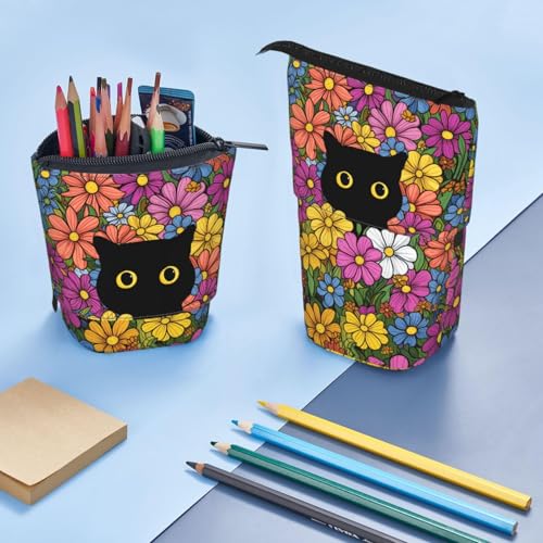 Black Cat Flower Girls Boys Standing Pencil Case Kids Kids Telescopic Stationary Pouch with Zipper Large Capacity Stand up Pen Bag Portable Makeup Holder for Children School Students Office Supplies - color: Black Cat