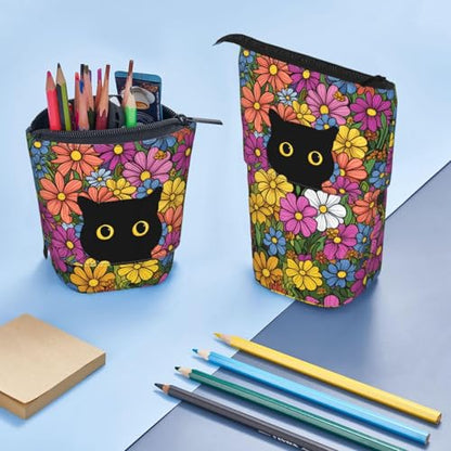 Black Cat Flower Girls Boys Standing Pencil Case Kids Kids Telescopic Stationary Pouch with Zipper Large Capacity Stand up Pen Bag Portable Makeup Holder for Children School Students Office Supplies - color: Black Cat