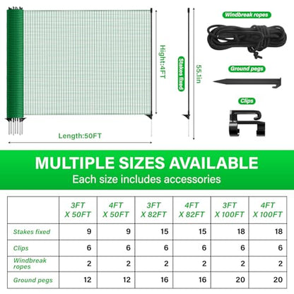 Temporary Fence with Posts, 4‘x50‘ Animal Barrier Dog Portable Fencing with Fiberglass Stake Windbreak Rope, Safety Snow Plastic Netting Roll for Garden Backyard Outdoor for Chickens or Other Animals - size: 4x50FT