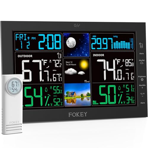 Weather Station Wireless Indoor Outdoor, Indoor Outdoor Thermometer Wireless, Home Atomic Clock Weather Stations, Temperature Humidity Barometer Inside Outside Thermometers, DeepBlack with 1 Sen - color: DeepBlack, size: with 1 sensor