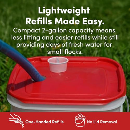 RentACoop 2 Gallon Chicken Waterer with 4 Auto-Fill Water Cups, 4 Horizontal Nipples, and Custom Adjustable Stand; BPA-Free; Large Capacity Poultry Waterer- Center Placement