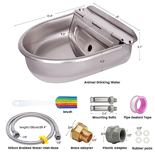 1 Gal Extra Large Automatic Horse Waterer Stainless Steel Dog Water Bowl Dispenser with Brass Float Valve Auto Fill Livestock Water Trough for Dogs Chicken Farm Animal