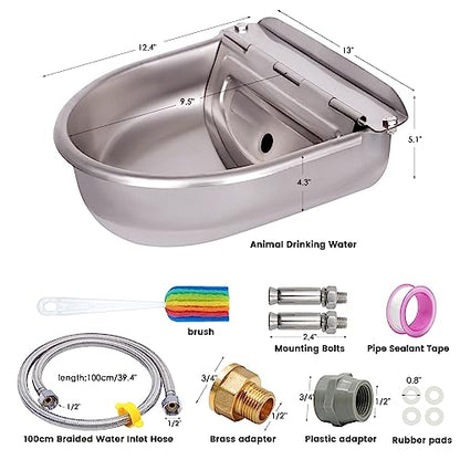 1 Gal Extra Large Automatic Horse Waterer Stainless Steel Dog Water Bowl Dispenser with Brass Float Valve Auto Fill Livestock Water Trough for Dogs Chicken Farm Animal