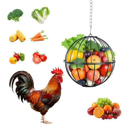 Hanging Chicken Feeder - 7.1 Inch Metal Chicken Treat Holder Ball with Hanging Chain, Sturdy Poultry Vegetable Fruits Feeder Basket for Chicken Coop