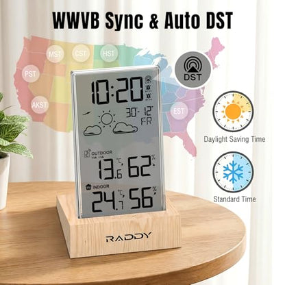 Raddy V5 Wireless Weather Station, Indoor Outdoor Thermometer & Hygrometer, Battery Powered Temperature Humidity Monitor, 5.0" LCD Display, 12-Hour Forecast, Frost Alert, Remote Sensor