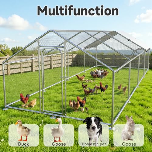 Large Metal Chicken Coop with Roosting Perch, Waterproof and UV Protection Cover, Chicken Run Outdoor Walk-in Cage Chicken Rabbit Duck Hen House for Yard Farm Use Spire Roof (10’ W x 26.2’ L x 6.4’ H) - size: 315.0"L x 118.0"W x 78.0"H