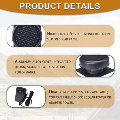 12" Flush Mount Round Solar Roof Vent Fan,30W Dual Power Black Attic Exhaust Fan,3-Speed Remote & 25°C Auto Ventilation,1200 CFM,MPPT Controller Solar Ventilator Solar Vent for Attic Garage - color: Black+Round 1