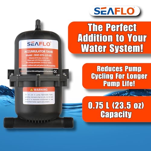 SEAFLO Accumulator Tank Water Pump Flow Control with Internal Bladder - 125 PSI, 23.5 oz (0.75 L) | Reduces Pump Cycling and Smooths Water Flow for Marine, RV, and Off-Grid Systems - style: Diaphragm