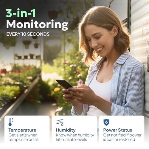 Cellular Temperature Monitor - Remote Power Failure Alarm & Humidity Sensor with Unlimited Alerts. Temp Monitoring System for RV Pet Safety, Vacation Home, Server Room. No Fees or WiFi Required
