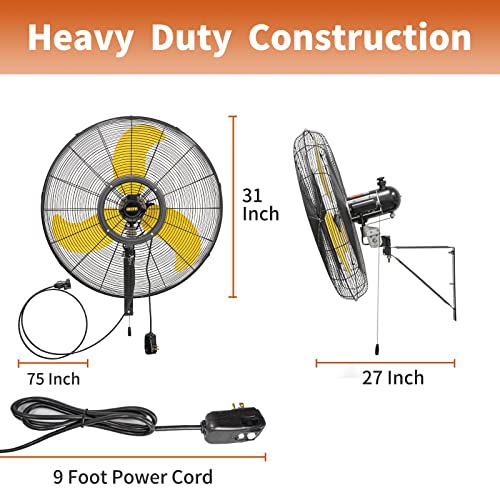 HiCFM 30 inch Misting Outdoor Oscillation Weatherproof Wall Mounted Fan with IP44 Enclosure Motor, GFCI Plug, 9300 CFM 3-Speeds High Velocity Powerful Wall Fan, UL Outdoor Approved - size: 30" outdoor