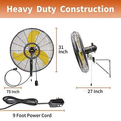 HiCFM 2 Pack 30 inch Misting Outdoor Oscillation Weatherproof Wall Mounted Fan with IP44 Enclosure Motor, GFCI Plug, 9300 CFM 3-Speeds High Velocity Powerful Wall Fan, UL Outdoor Approved - size: 30" Outdoor (No Remote)