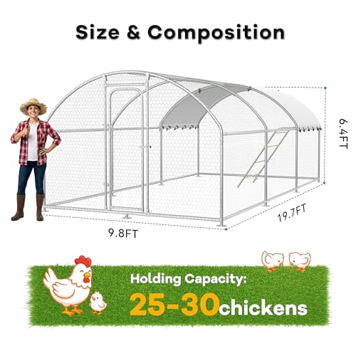 Large Metal Chicken Coop with Waterproof and UV Protection Cover, Chicken Run Outdoor Walk-in Cage Chicken Rabbit Duck Hen House for Yard Farm Use-Dome Roof-Roosting Perch(19.7’ L x 9.8’ W x 6.4’ H) - size: 256.0"L x 120.0"W x 78.0"H