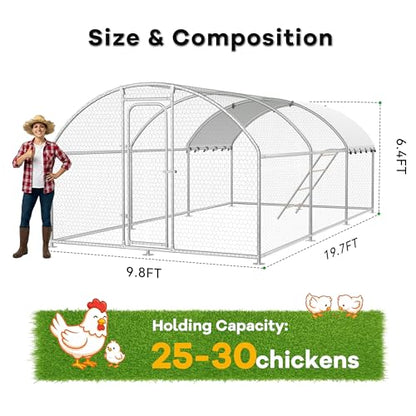 Large Metal Chicken Coop with Waterproof and UV Protection Cover, Chicken Run Outdoor Walk-in Cage Chicken Rabbit Duck Hen House for Yard Farm Use-Dome Roof-Roosting Perch(19.7’ L x 9.8’ W x 6.4’ H) - size: 256.0"L x 120.0"W x 78.0"H