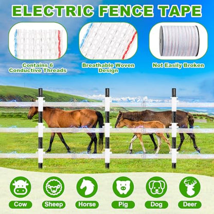 Kingdder 39 Pack Electric Fence Kit Include 3/4 Inch x 1312 ft Electric Fence Tape 25 T-Post Poly Tape Insulator 3 Connectors 10 Polytape Splicer for Livestock Deer Garden Protection Farm Enclosure