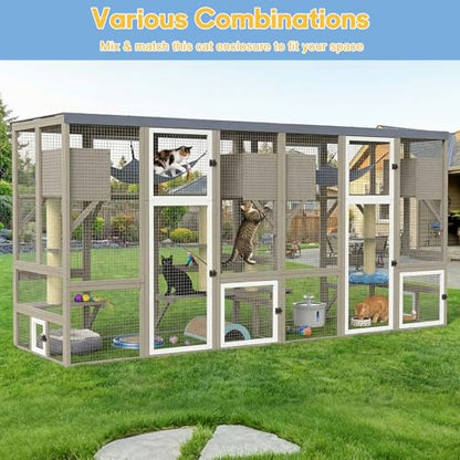 Catio Outdoor Cat Enclosure Large Walk-in Cat House with Flat Roof and Multi-Level Platforms, Cat Hammock & Litter Box Shelf, Elevated Wooden Cat Shelter for Multiple Cats, Backyard Patio Garden - size: 61.5"L x 34"W x 57.5"H