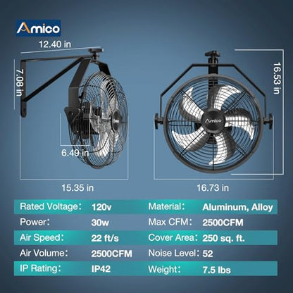 Amico 14 Inch Wall Mount Fan with Remote, 9-Speed Industrial Metal Fan, High Velocity Wall Fan with Brushless DC Motor, 2500 CFM Commercial Fans for Garage, Greenhouse, Warehouse, shop, Patio, Outdoor - size: 14 inch