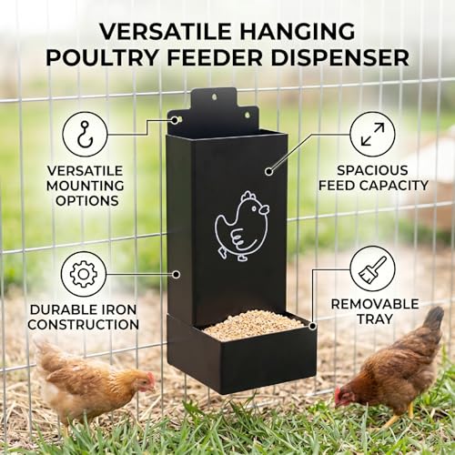 Zunate Large Poultry Feeder with Detachable Tray, Chicken Feeding Dispenser for Indoor Outdoor Use, Hanging Design for Small Animals Birds, Sturdy Iron Trough for Easy Cleaning
