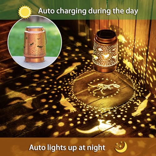 Dinosaur Solar Lanterns Outdoor Waterproof Hanging Solar Lights Dinosaur Gifts for Women Men Metal Decorative LED Dinosaur Lanterns for Garden Decor,Yard,Patio,Lawn,Tabletop,Pathway,Landscape - style: Dinosaur