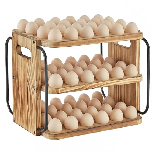 Wood Egg Holder Countertop for Fresh Eggs, Fresh Egg Holder Countertop with Handle, 3 Layer, Stackable with 90 Eggs for Countertop to Store Chicken/Duck/Hand Painted/Easter Egg - color: Pine