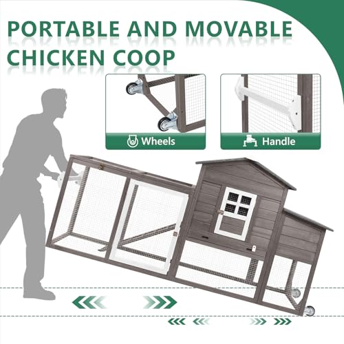 158" L Large Chicken Coop with Run, Mobile Chicken Hen House with Wheels, Nesting Boxes, Outdoor Rabbit Hutch, Poultry Cage for Chickens Ducks Bunny with Removable Tray, Ramp (Grey) - color: 158" L Grey