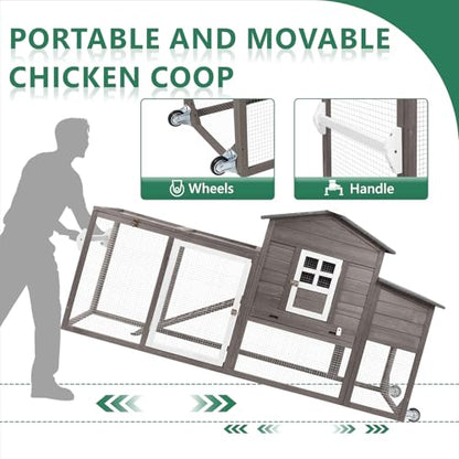 158" L Large Chicken Coop with Run, Mobile Chicken Hen House with Wheels, Nesting Boxes, Outdoor Rabbit Hutch, Poultry Cage for Chickens Ducks Bunny with Removable Tray, Ramp (Grey) - color: 158" L Grey
