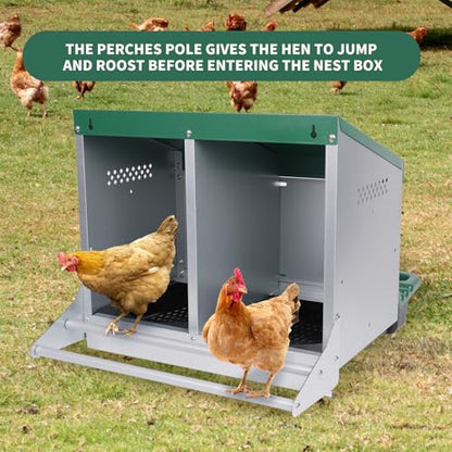 Chicken Nesting Box, 2 Holes Nesting Boxes, Heavy Duty Metal Laying Boxes, Roll Away Nesting Box Egg Collection Tray, with Roosting Pole for Chicken Coop(Green) - size: 22.0"L x 25.5"W x 18.5"H