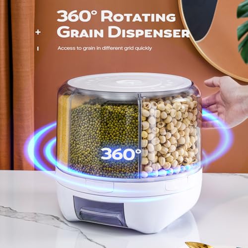 Grain Dispenser, 360° Rotating Storage Container, 6 Grid Food Dispenser with Storage Sealed Lid, Rice Dispenser for Grains, Beans, Rice, Peanut, Barley - size: M-WHITE