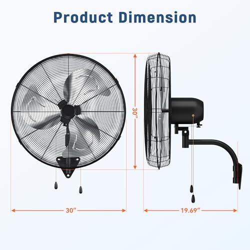 30 Inch Industrial Wall Mount Fan, Heavy Duty High Velocity Oscillating Wall Fan with 3 Speeds, 360° Adjustable Tilt Wall Mounted Fan for Garage, Workshop, Warehouse, Patio, Commercial and Home - size: 30 INCH