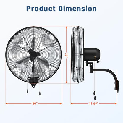 30 Inch Industrial Wall Mount Fan, Heavy Duty High Velocity Oscillating Wall Fan with 3 Speeds, 360° Adjustable Tilt Wall Mounted Fan for Garage, Workshop, Warehouse, Patio, Commercial and Home - size: 30 INCH