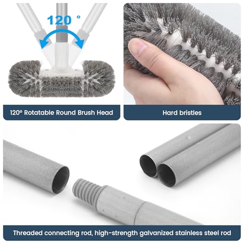 Hoklnuse Deck Brush with 51" Long Handle 360° Cylindrical Scrub Cleaner Tool for Cleaning Boat Pool Bathroom Ground 120° Swivel Floor Scrubber for Tile Grout Patio Tub Spa Adjustable Pole