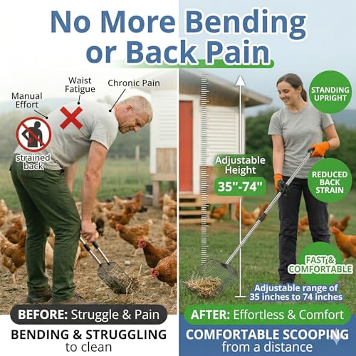 Extra-Long Chicken Poop Scooper, Adjustable 35"–74" Handle, 10" Wide Scoop | Adjustable Handle, Heavy-Duty Stainless Steel, Multi-Purpose for Coop, Yard & Pond Leaves, Gloves Included