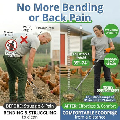 Extra-Long Chicken Poop Scooper, Adjustable 35"–74" Handle, 10" Wide Scoop | Adjustable Handle, Heavy-Duty Stainless Steel, Multi-Purpose for Coop, Yard & Pond Leaves, Gloves Included