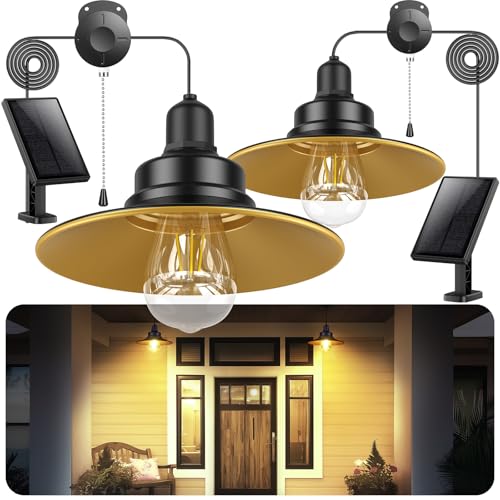Solar Pendant Light Indoor Outdoor, Solar Shed Light IP65 Waterproof Metal Powered Chandelier, Gazebo Lights with Pull Cord for Garden, Chicken Coop, Gazebo, Barn, 2 Packs - color: Warm Light, size: 2 Packs