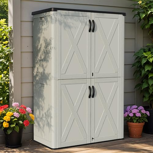 Greesum Outdoor Storage Cabinet, 50 CUFT Deck Box Without Shelves, Waterproof Plastic Storage Shed for Patio Cushions, Gardening Tools, Lockable and Sidehandles, UV Resistant, Beige - color: Beige Modern, size: 50 Cuft / Modern