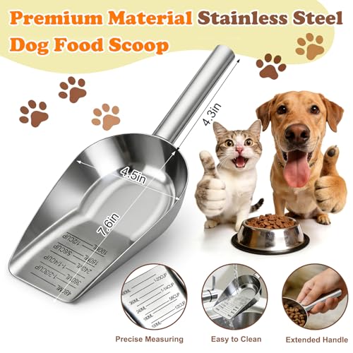 Mity rain Dog Food Scoop Stainless Steel with Long Handle, Precise Dog Food Measuring Cup 1.5, 1 1/4, 1, 3/4, 1/2 Cup, Pet Scoop for Cats, Rabbits, Animals, Metal Spoon for Dog Food Storage (2CUP) - size: 2CUP